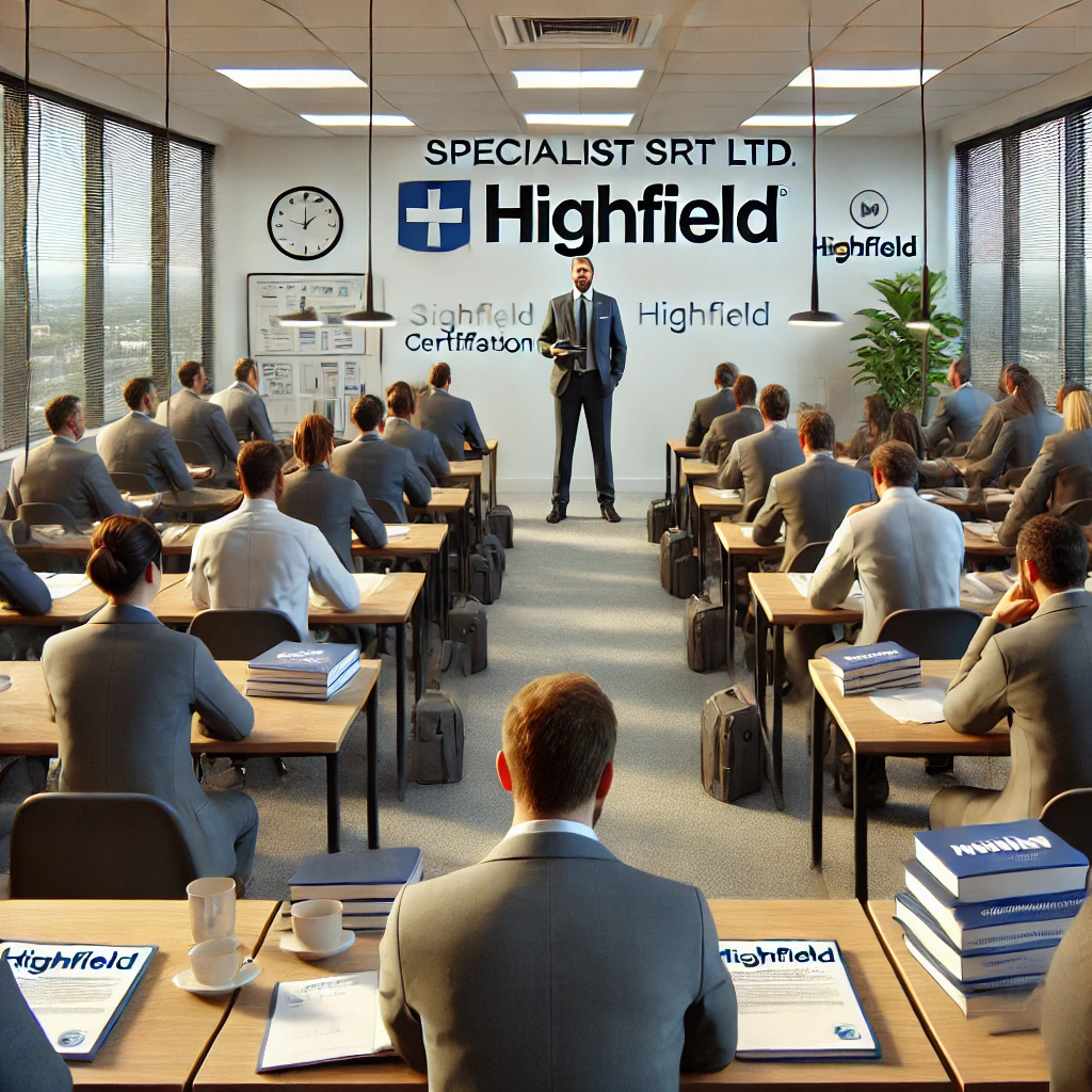 A professional training session at Specialist SRT Ltd., featuring a classroom of attendees in suits listening to an instructor. The room is branded with 'Highfield' certification logos, and participants have training materials on their desks. The setting is a modern corporate training environment with natural lighting from large windows.