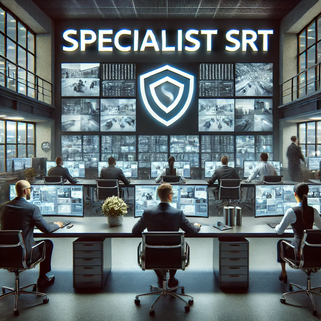 A high-tech security operations center with professionals monitoring multiple surveillance screens. The large illuminated 'Specialist SRT' branding and shield logo dominate the background, emphasizing advanced security monitoring. The analysts in formal attire are focused on real-time footage and data analytics, ensuring a secure and controlled environment.