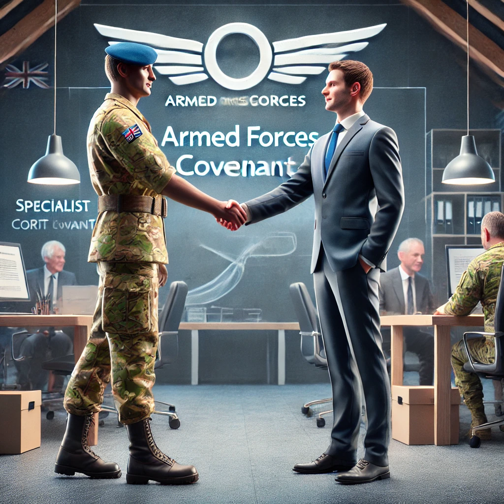 A military officer in camouflage uniform and a business professional in a suit shaking hands in an office setting. The background features a large display with 'Armed Forces Covenant' and 'Specialist' branding, symbolizing a partnership or agreement. Other personnel in military and business attire are engaged in discussions, emphasizing collaboration between the armed forces and corporate sector.