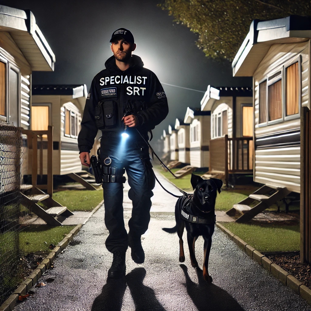 A professional security officer wearing a black 'Specialist SRT' hoodie and tactical vest patrolling a caravan park at night with a trained guard dog. The officer holds a flashlight, illuminating the wet path between the caravans, while the dog remains alert on a leash. The scene is dimly lit with security lighting casting a glow, creating a vigilant and professional atmosphere.