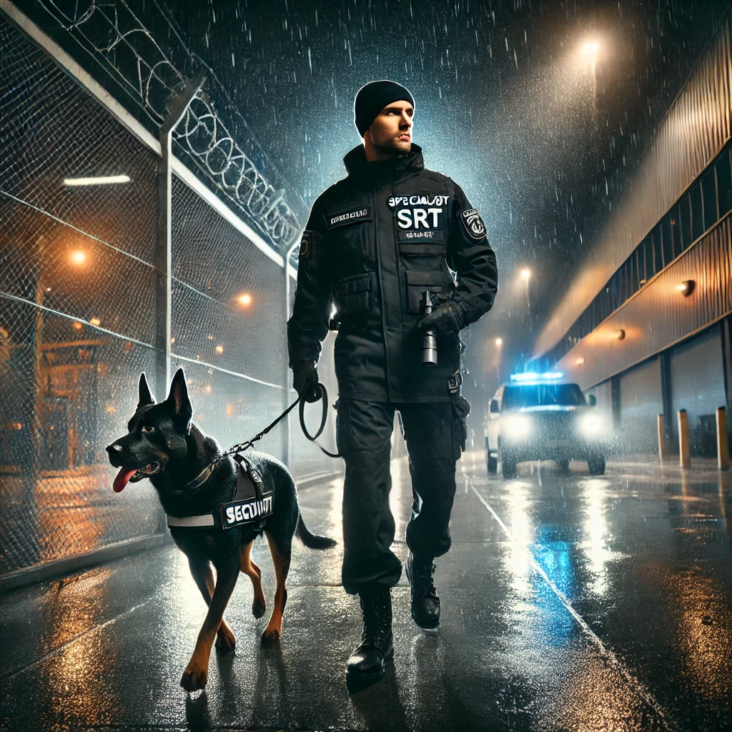 A Specialist SRT security officer patrolling a high-security facility at night in the rain with a trained K9 unit, wearing tactical gear. A security vehicle with flashing lights is visible in the background.