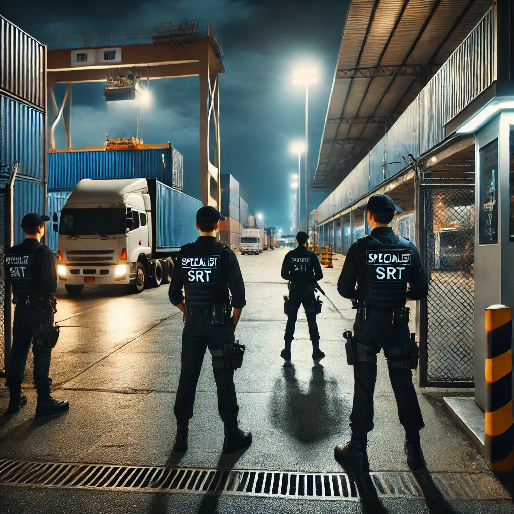 A team of security personnel monitoring cargo operations at a busy shipping port. Security officers stand in the foreground, overseeing a large area with shipping containers, trucks, and a cargo ship being loaded. Additional security staff in high-visibility vests control access and direct logistics, ensuring safe and organized transportation of goods.