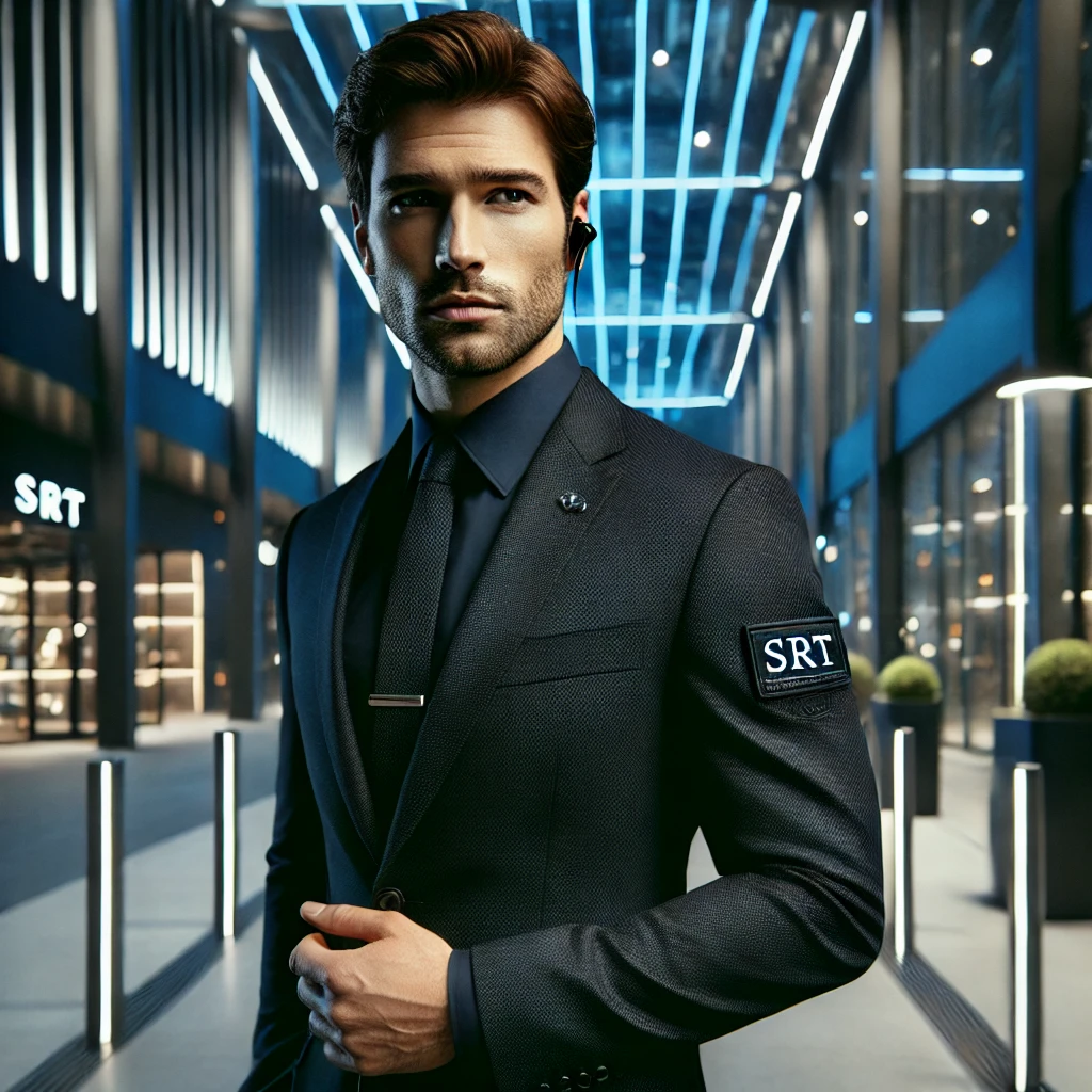 A professional security operative wearing a dark suit with an 'SRT' branded patch on the sleeve, standing in a modern, well-lit urban environment. The background features a futuristic glass building with blue neon lighting, emphasizing a high-end security presence.