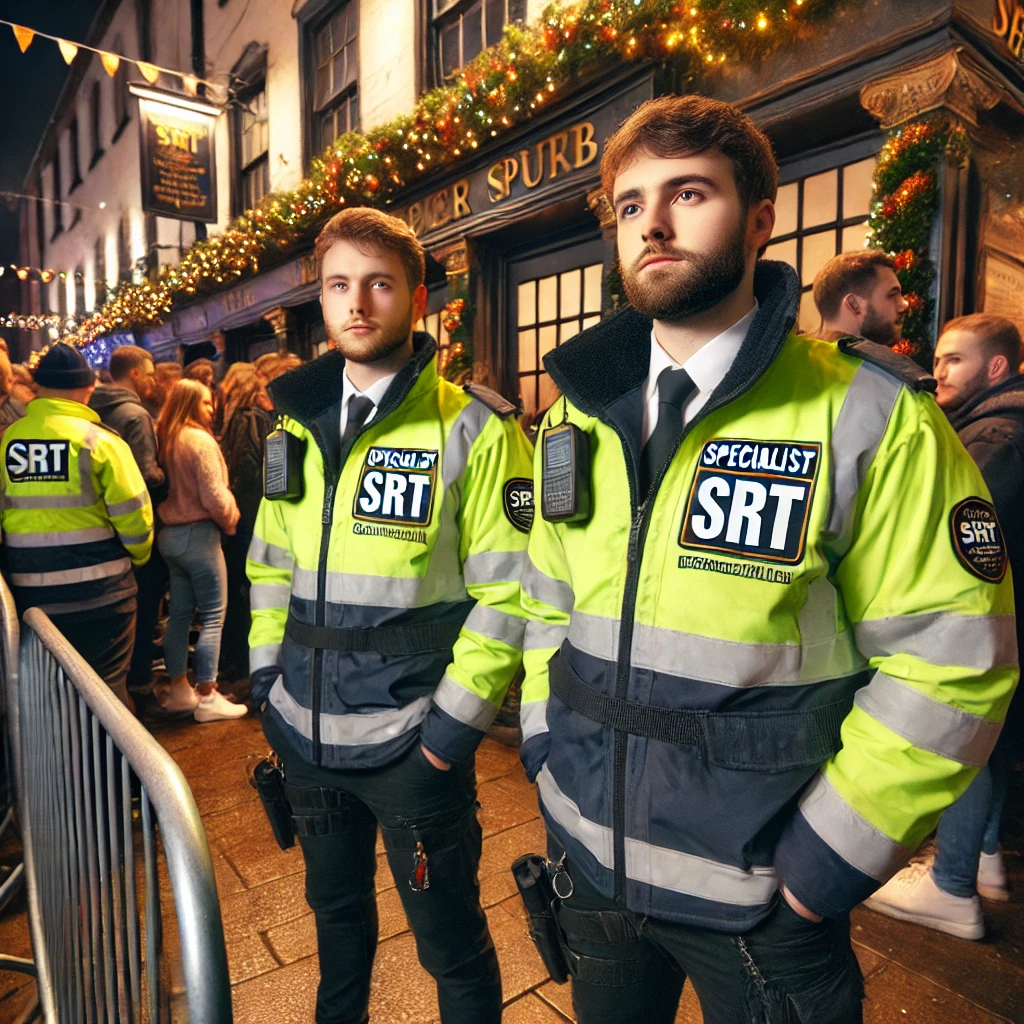 An experienced security professional with silver hair wearing a tailored black suit with 'Specialist SRT' branding. He has a serious and focused expression, an earpiece, and tactical gear, standing in a futuristic, well-lit urban environment with blue neon lights.