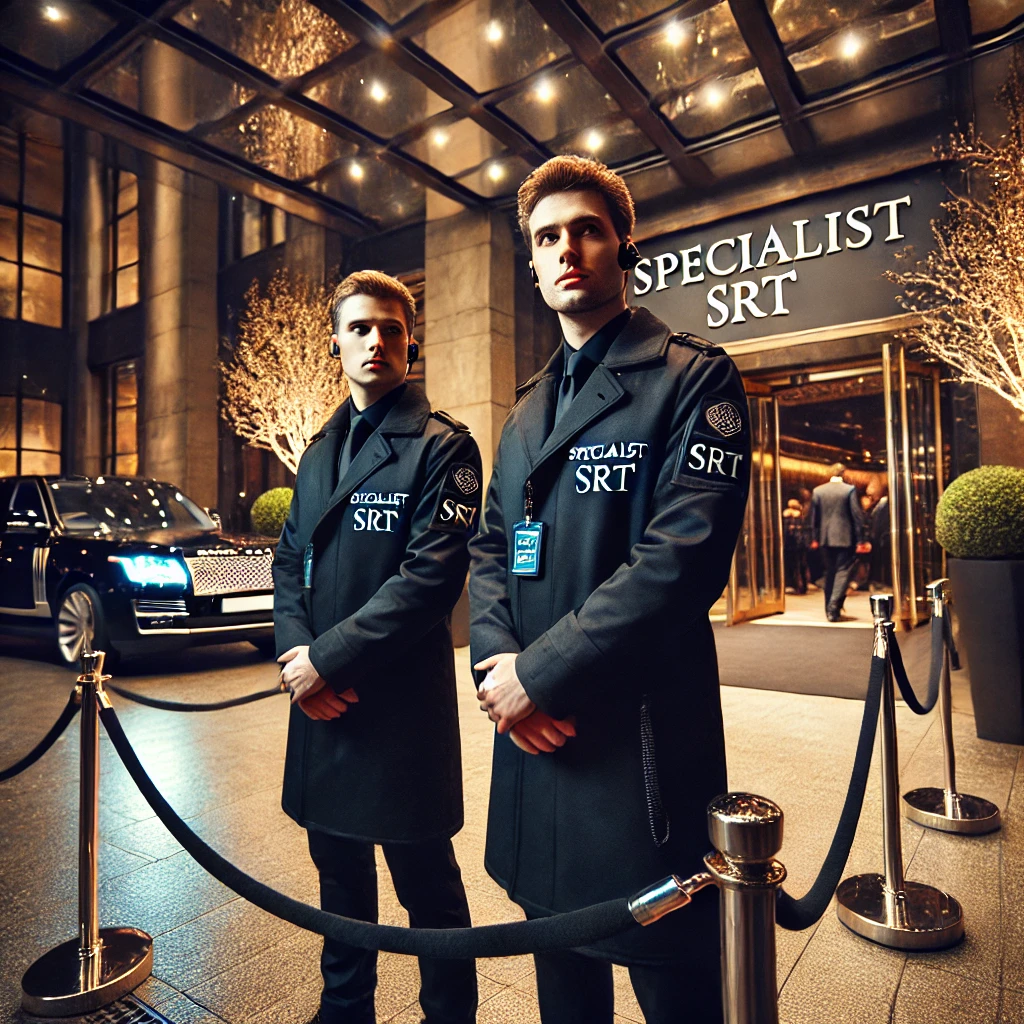 Two Specialist SRT security officers in black tactical coats standing at the entrance of a high-end venue, monitoring guest entry. A luxury vehicle is parked nearby, and the venue's illuminated signage is visible in the background.