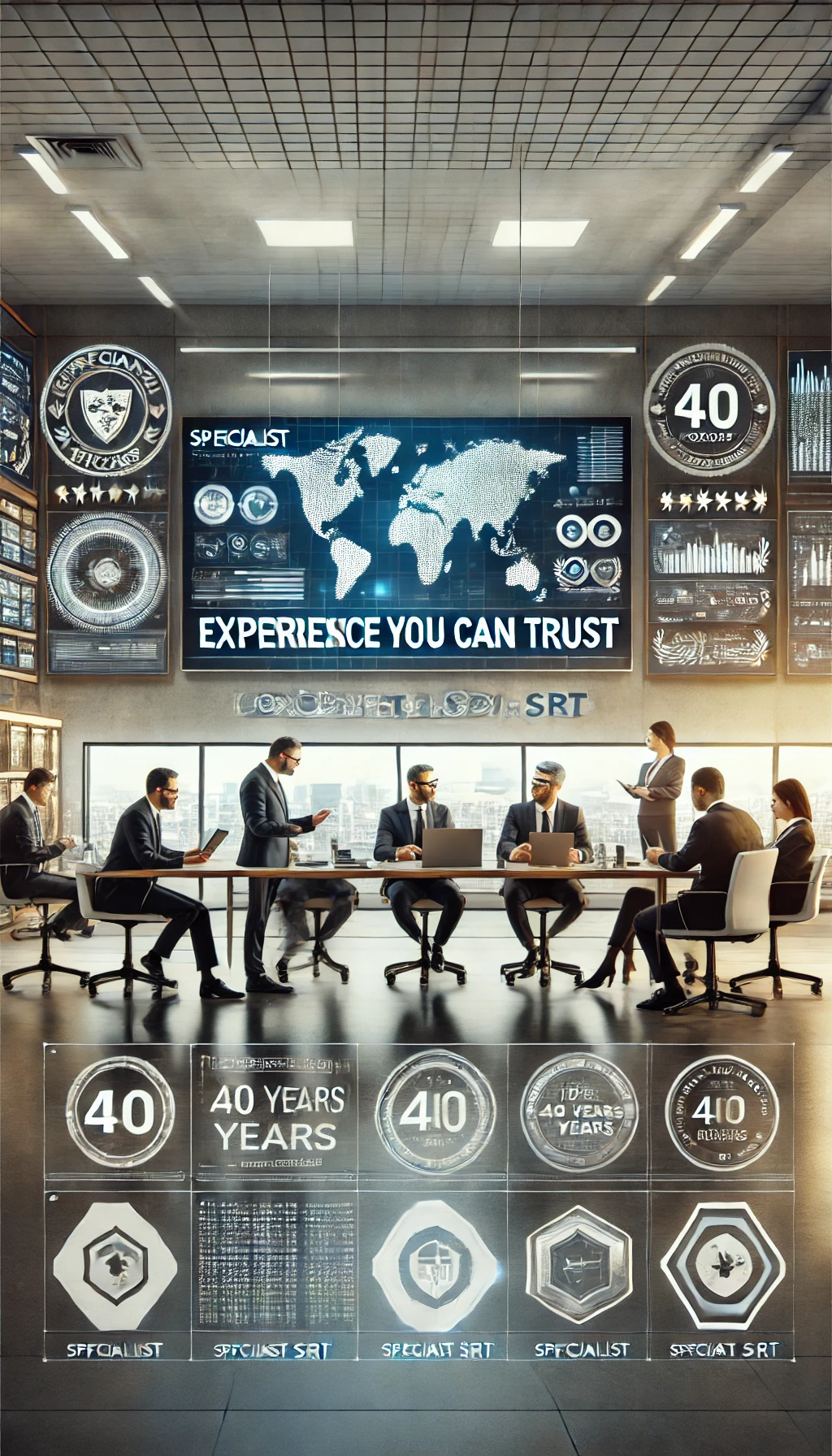 A high-tech corporate meeting room where business professionals in formal attire are engaged in discussions. A large digital display on the wall showcases a world map, analytics, and the slogan 'Experience You Can Trust,' along with 'Specialist SRT' branding. The futuristic setting highlights expertise, security, and a legacy of 40 years of service.