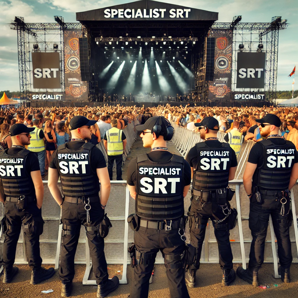 A team of festival security personnel monitoring a large outdoor concert. They are dressed in blue uniforms with 'SECURITY' printed on the back, wearing tactical belts and communicating via radios. The scene features a massive crowd, a brightly lit stage with performers, and large LED screens displaying 'Festival Security' and 'Event Security' under a sunset sky.