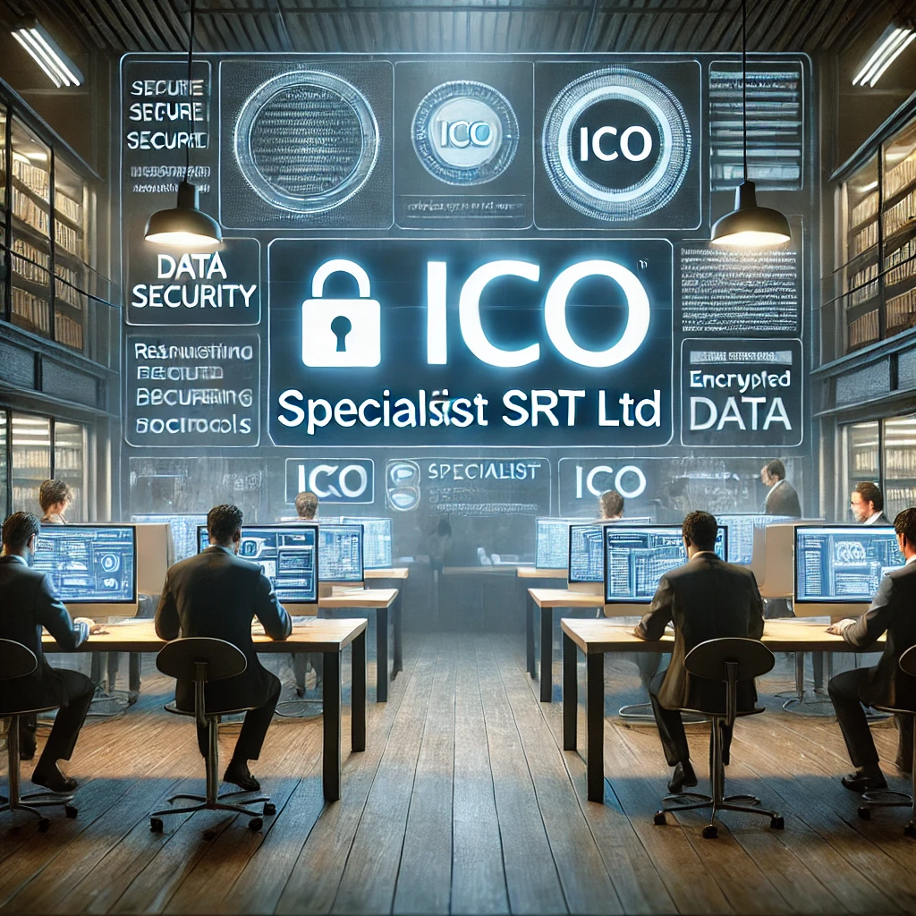 A high-tech cybersecurity operations center with professionals working at computer stations, analyzing encrypted data. A large illuminated display shows 'ICO Specialist SRT Ltd' alongside cybersecurity-related terms like 'Data Security' and 'Encrypted Data.' The environment is a futuristic, secure data analysis hub with a digital-focused atmosphere.