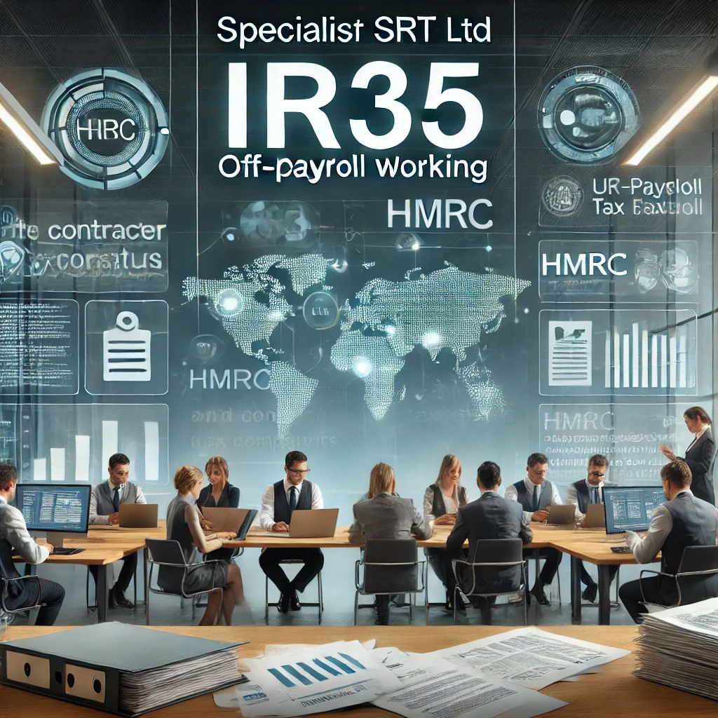 A corporate meeting room where professionals in formal business attire are discussing IR35 and off-payroll working regulations. A large digital display shows 'Specialist SRT Ltd IR35 Off-Payroll Working' along with financial data, a world map, and HMRC-related graphics. The setting is a high-tech financial and compliance-focused environment.