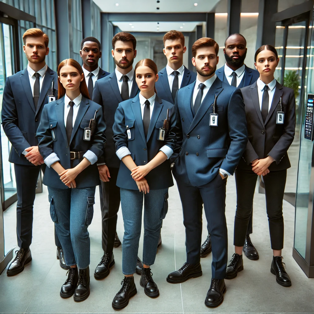 A professional security team of eight men and women dressed in navy blue suits with white shirts and black ties, standing in a modern office building. They wear identification badges and earpieces, conveying authority and readiness. The group has a diverse range of individuals, exuding professionalism and teamwork