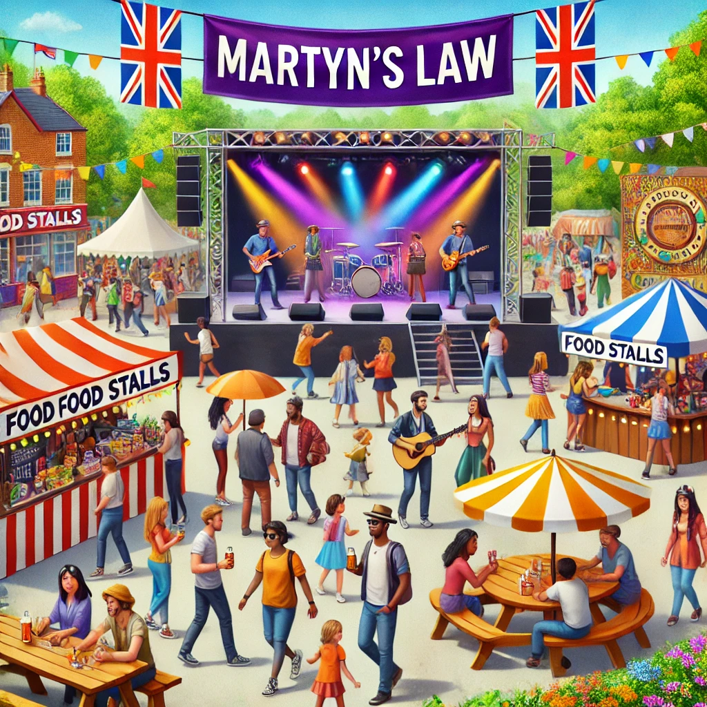 A lively outdoor festival scene with a stage featuring a live band, food stalls, and a diverse crowd enjoying the event. A large banner reading 'Martyn's Law' hangs above, symbolizing the importance of public safety and security measures at crowded events in the UK.