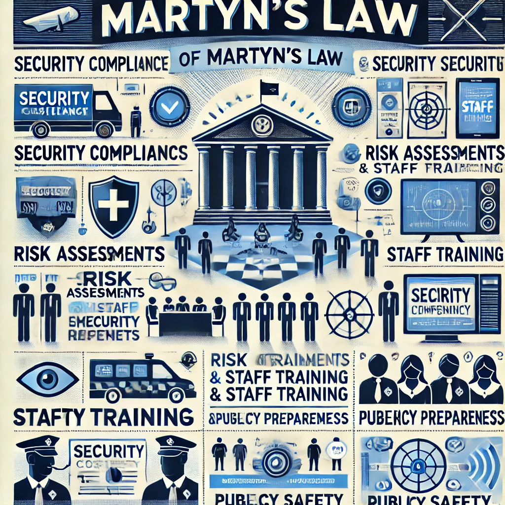 An informative graphic illustrating key aspects of Martyn's Law, including security compliance, risk assessments, staff training, and public safety preparedness. The design features icons of security measures, government buildings, and law enforcement, emphasizing the importance of protective legislation in public spaces.