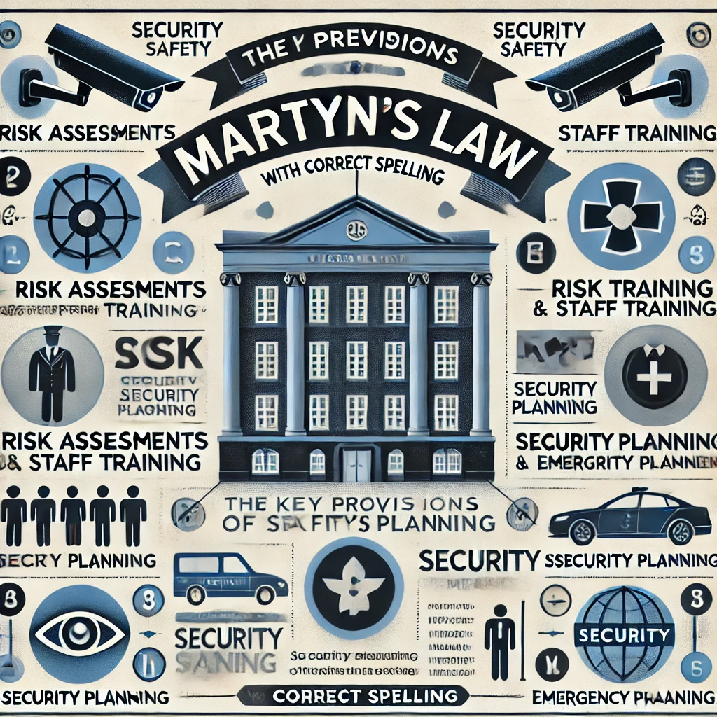 An illustrated infographic highlighting the key provisions of Martyn's Law, including risk assessments, security planning, emergency preparedness, and surveillance measures. The image features a central government building surrounded by security icons, CCTV cameras, and digital monitoring systems, emphasizing public safety and counter-terrorism measures.