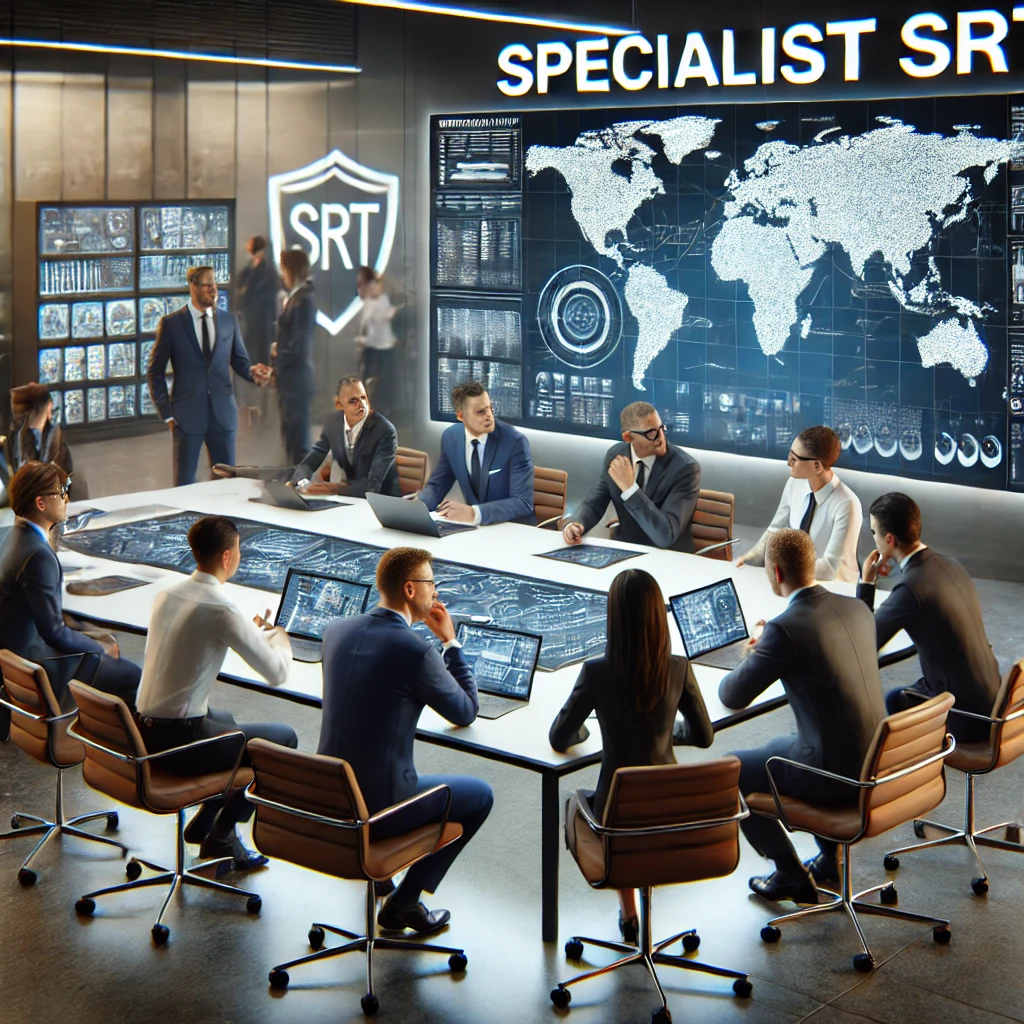 A high-tech corporate boardroom where professionals in formal business attire are engaged in a strategic discussion. The room features a large digital screen displaying a world map and data analytics with 'Specialist SRT' branding. The modern setting, advanced technology, and collaborative atmosphere emphasize global security and intelligence operations.