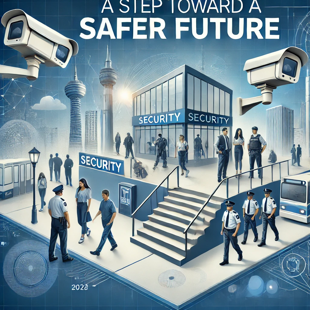 A futuristic cityscape illustrating enhanced security measures, with uniformed security officers patrolling, surveillance cameras monitoring the area, and a modern security building at the center. The text 'A Step Toward a Safer Future' emphasizes the role of advanced security solutions in urban safety and crime prevention.