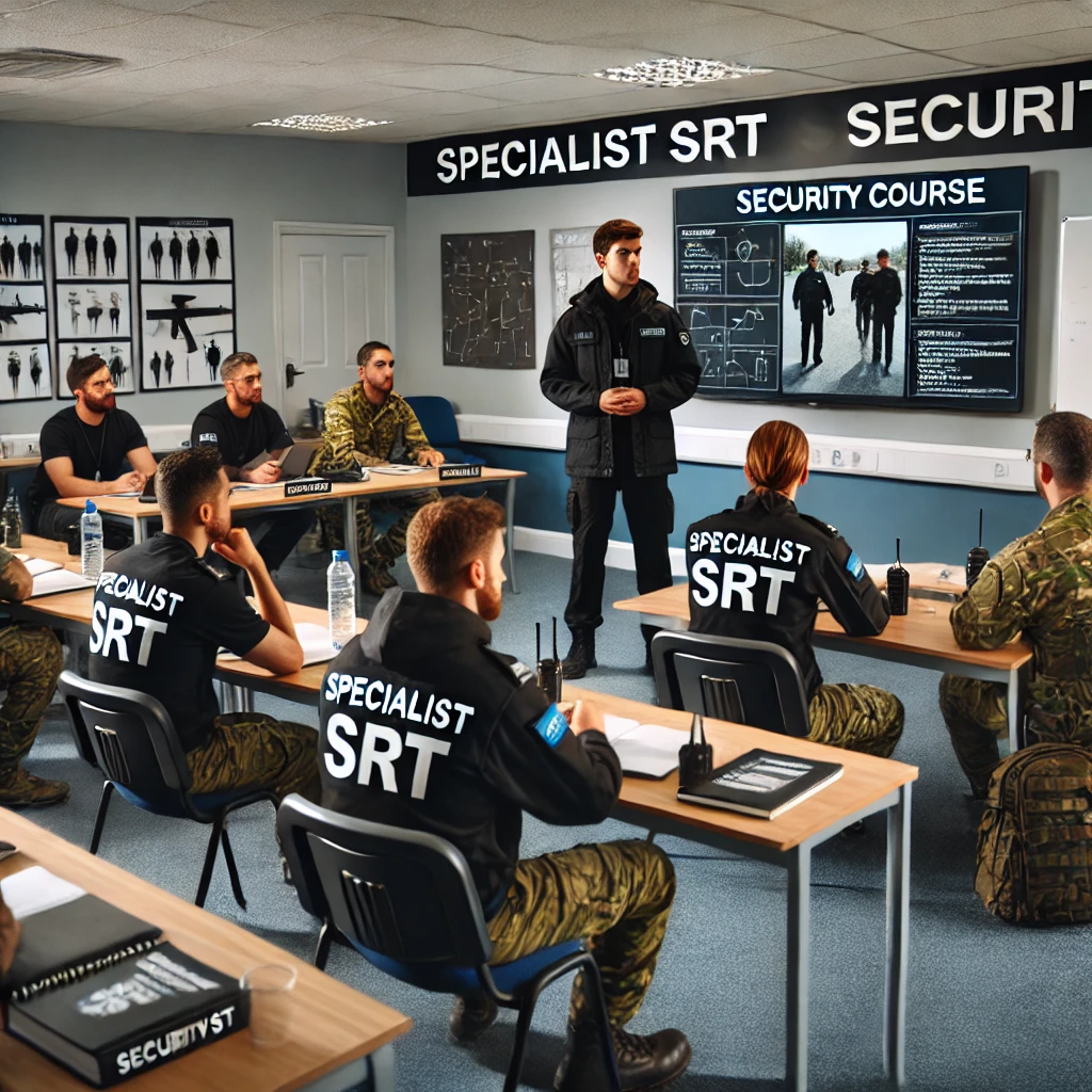 A professional security training classroom where an instructor, wearing a black coat with the 'Specialist SRT' logo, teaches security procedures to engaged trainees. The classroom features desks arranged in rows, a whiteboard with security-related content, and training materials such as notebooks, radios, and manuals. The trainees are focused, taking notes, and participating in discussions, creating a professional and educational atmosphere.