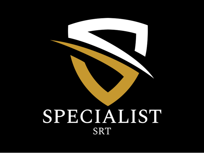 Specialist SRT logo featuring a stylized shield design with a white 'S' shape integrated into the upper section and a gold curved element below. The text 'SPECIALIST SRT' is displayed beneath the shield on a black background, representing a professional security branding.