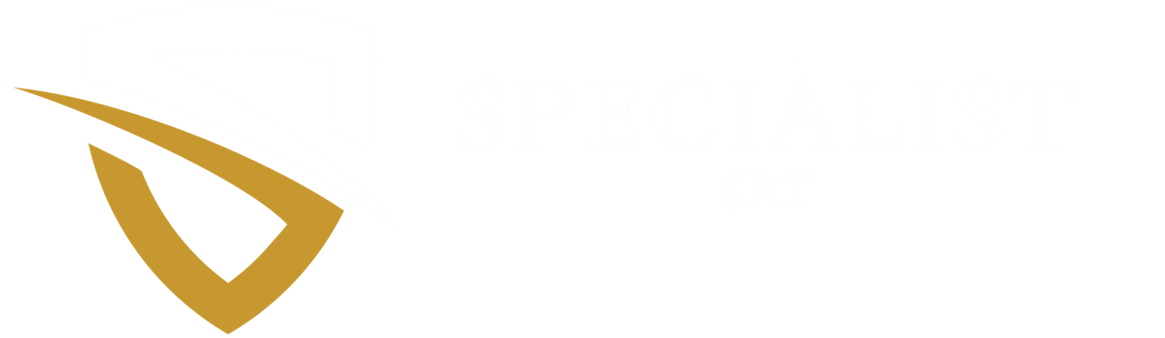 Specialist SRT logo featuring a stylized shield design with a white 'S' shape integrated into the upper section and a gold curved element below. The text 'SPECIALIST SRT' is displayed beneath the shield on a black background, representing a professional security branding.